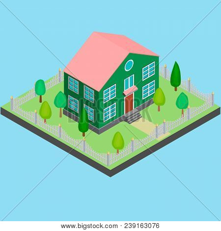 A Green House With A Pink Roof Is Surrounded By A Fence.