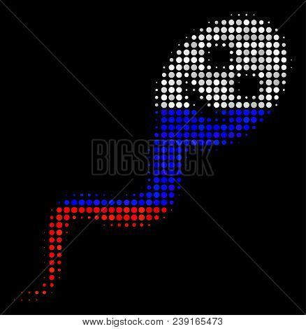Halftone Happy Spermatozoon Pictogram Colored In Russia State Flag Colors On A Dark Background. Vect