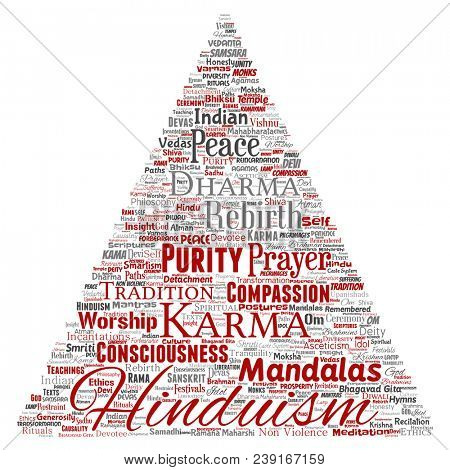 Conceptual hinduism, shiva, rama, yoga triangle arrow red word cloud isolated background. Collage of mandalas, samsara, celebration, tradition, peace, compassion, rebirth, karma, dharma concept