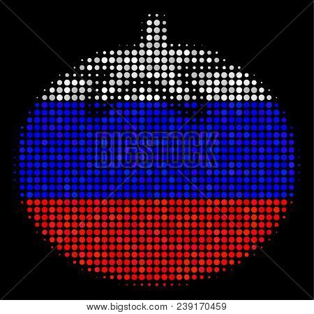 Halftone Tomato Vegetable Pictogram Colored In Russia Official Flag Colors On A Dark Background. Vec
