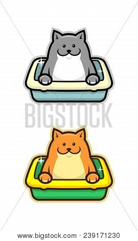 Vector Illustration Of Cute Cats In Various Colors Sitting In Litter Boxes.