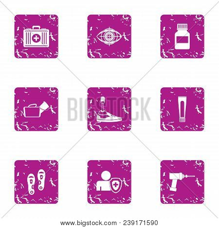 Online Med Icons Set. Grunge Set Of 9 Online Med Vector Icons For Web Isolated On White Background