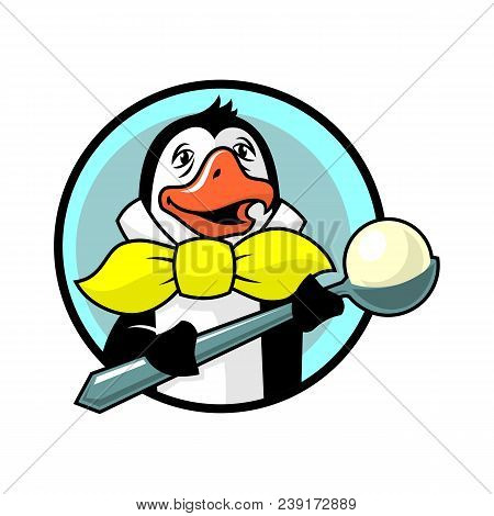 Vector Illustration Of Elegant Penguin In Bow Tie Holding Huge Spoon Of Ice Cream.
