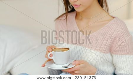 Morning Energy Boost Ritual. Hot Invigorating Beverage. Girl Drinking Coffee At Home