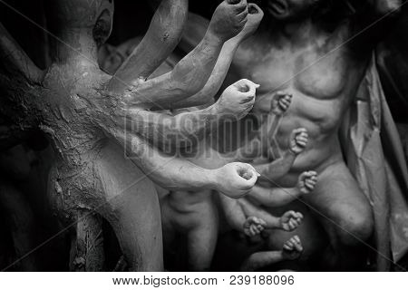 Black And White Rear View Of The Durga Idol And Asura Constructed At Kumartuli Made Of Earth.durga P