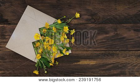 Yellow Little Field Flowers In Envelope Rustic Wooden Background Banner