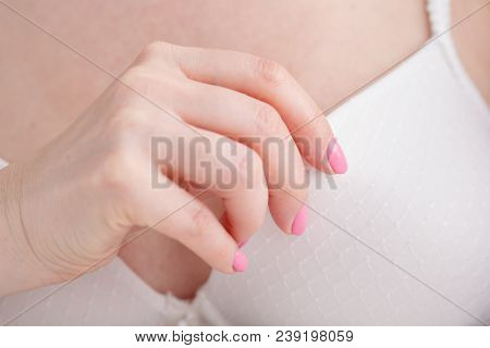 Woman Wearing A Bra Checking Her Breast, Breast Self-exam (bse), How Do I Check Breast Concept, Brea