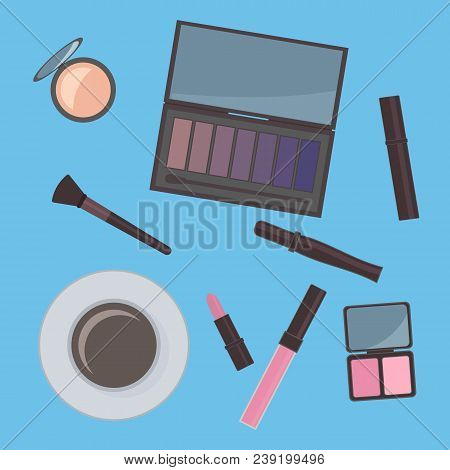 Flat Lay Cosmetics Accessories And Cup Of Coffee. Vanity Table. Concept Of Beauty, Fashion, Glamour.