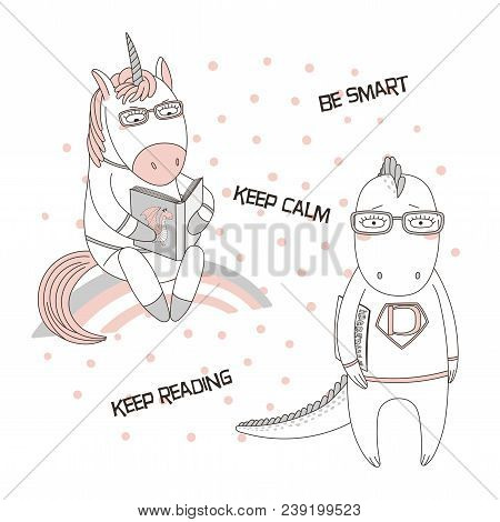 Hand Drawn Vector Illustration Of A Cute Funny Cartoon Unicorn Reading A Book, Dragon In Glasses And