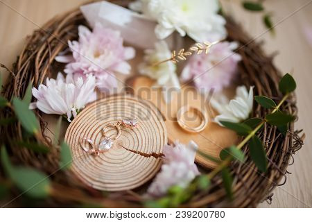Rusic Style Wedding, Natural Decorations. Wood, Flowers And Wedding Jewelry