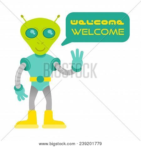 Cute Friendly In Space Suit Alien Astronaut  From Mars Or Another Galaxy Planet Say Welcome. Coloniz