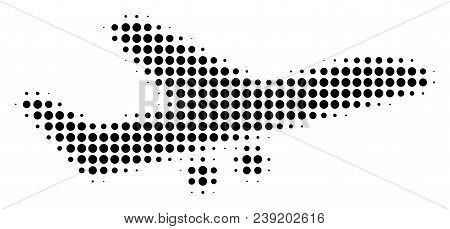 Pixel Black Aiplane Icon. Vector Halftone Composition Of Aiplane Icon Combined With Spheric Pixels.
