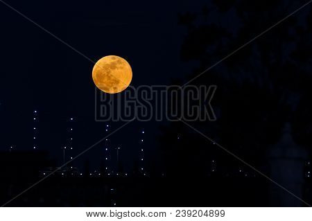 Super Blue Blood Moon Behind Bosphorus Bridge In Istanbul City, Turkey