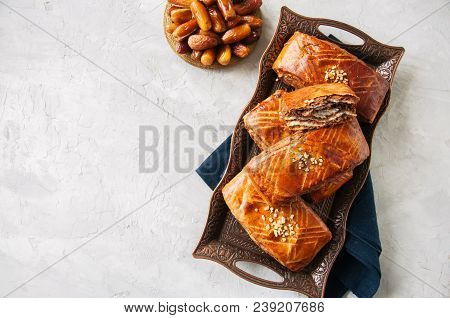 Traditional Turkish Pastry Roll With Chocolate And Nuts Filling - Pastich Served On A Vintage Tray A