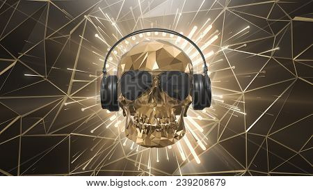 3d Rendering The Golden Low Poly Skull Of The Dj On The Background Of The Equalizer 4k
