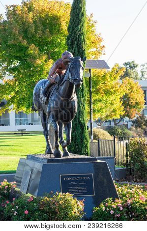 Nagambie, Australia - March 12, 2018: Bronze Statue Of The Racehorse Black Caviar On The Banks Of La