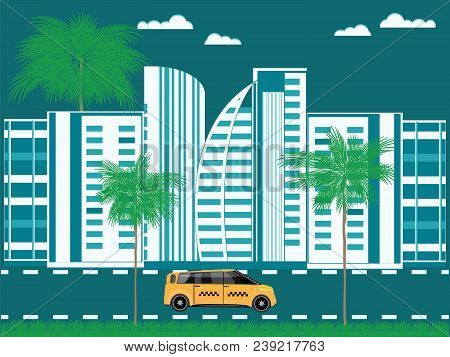 Taxi Against The Background Of A Modern Southern City, With Palm Trees And Lawn - Vector Art Illustr
