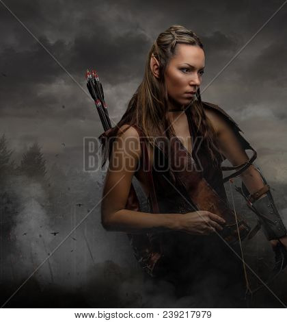 Portrait Of Elf Woman With Bowl Over Wildness Nature Background.
