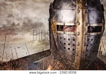 Portrait Of A Knight With Sword On Batllefield.
