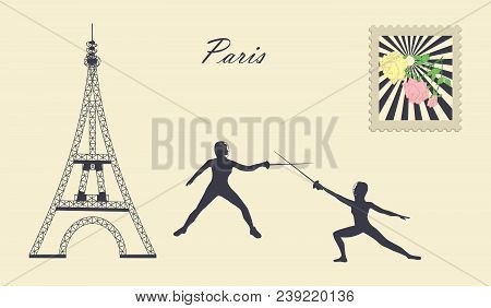 Eiffel Tower, Duel Fencers - Postage Stamp With Roses - Inscription - Paris - Art Illustration Vecto