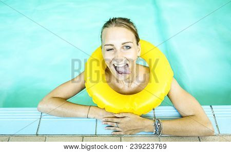 Happy Woman In Clear Water Looking At Camera With Bigmouth Expression - Young Girl At Swimming Pool 