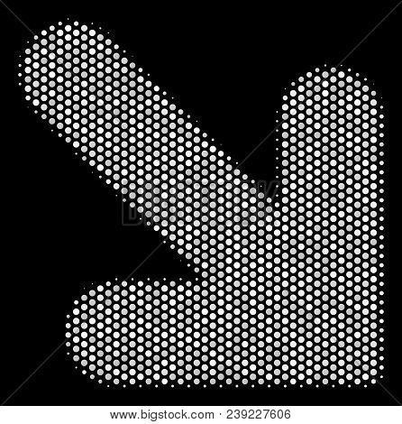 Pixelated White Arrow Down Right Icon On A Black Background. Vector Halftone Concept Of Arrow Down R