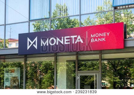 Ostrava, Czech Republic - May 5, 2018: Logo Of The Moneta Money Bank Above The Entrance With Reflect