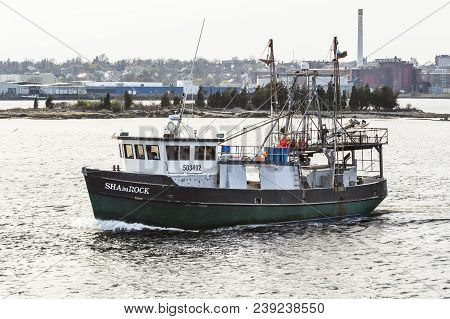 New Bedford, Massachusetts, Usa - May 2, 2018: Commercial Fishing Vessel Shamrock On Acushnet River 