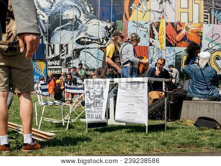 Strasbourg, France - May 5, 2018: People Making A Party Protest Fete A Macron In Front Of Gare De St