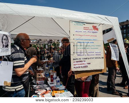 Strasbourg, France - May 5, 2018: People Making A Party Protest Fete A Macron In Front Of Gare De St