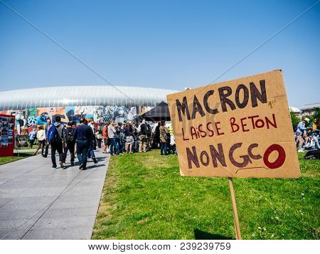 Strasbourg, France - May 5, 2018: People Making A Party Protest Fete A Macron Party For Macron In Fr