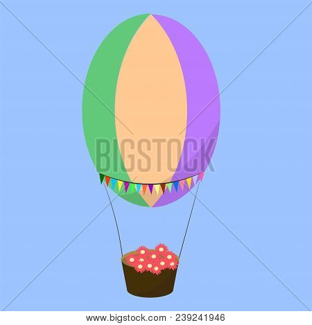 Hot Air Balloon In Color With Flowers And Flags