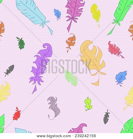 Feathers Colorful Vector Pattern In A Flat Style.