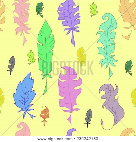 Feathers Colorful Vector Pattern In A Flat Style.