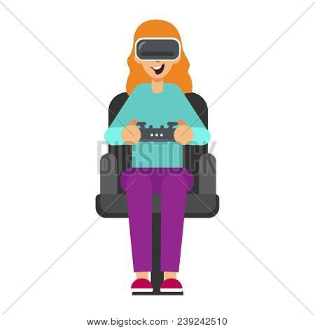 Virtual Reality Glasses Gamer Young Girl Playing Game Sit Armchair Cartoon Character Flat Design. Wo