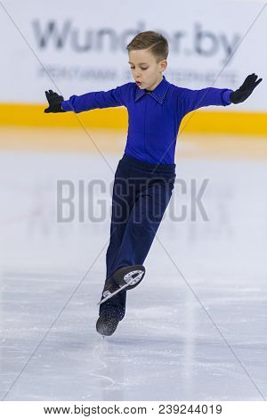 Minsk, Belarus -april 22, 2018: Male Figure Skater From Belarus Andrej Kosar Performs Cubs A Boys Fr