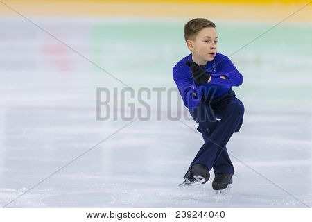 Minsk, Belarus -april 22, 2018: Male Figure Skater From Belarus Andrej Kosar Performs Cubs A Boys Fr