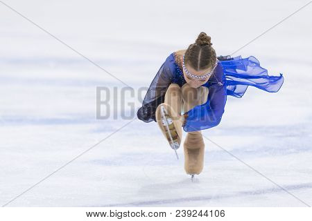 Minsk, Belarus -april 22, 2018: Female Figure Skater From Belarus Anastasiya Zazulinskaya  Performs 
