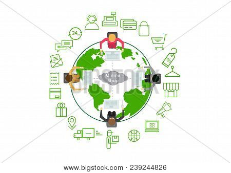 Social Network Shop Online Little Human Character X4 Sitting, With Computers, In A Circle Around The