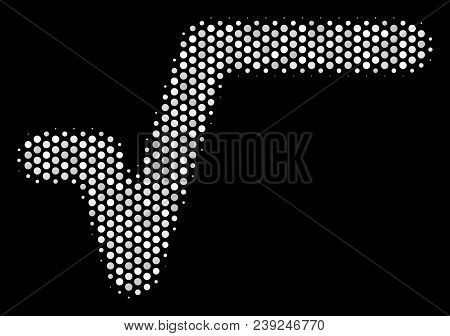 Dot White Sqrt Icon On A Black Background. Vector Halftone Composition Of Sqrt Pictogram Created Wit