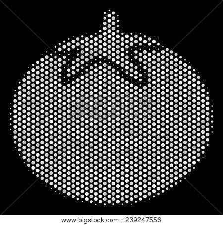 Pixel White Tomato Vegetable Icon On A Black Background. Vector Halftone Composition Of Tomato Veget