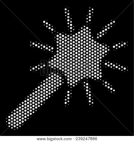 Dotted White Wand Magic Tool Icon On A Black Background. Vector Halftone Collage Of Wand Magic Tool 