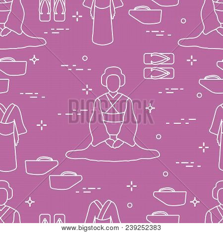 Seamless Pattern With Asian Woman, Traditional Japanese Clothing, Shoes. Travel And Leisure.