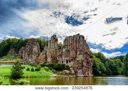 The Externsteine, Striking Sandstone Rock Formation In The Teutoburg Forest, Germany, North Rhine We