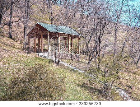 Beautiful Landscape Mountains Green Grass Open Wooden Little House Cottage Open-air Gazebo Hillside