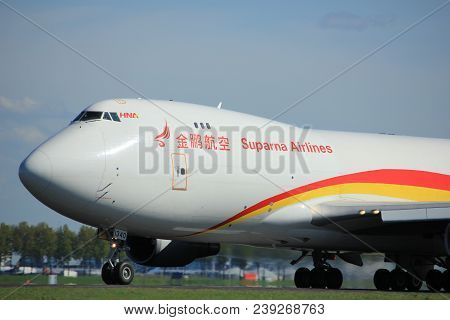 Amsterdam The Netherlands - May 3rd 2018: B-1340 Suparna Airlines Boeing 747-400f Takeoff From Polde