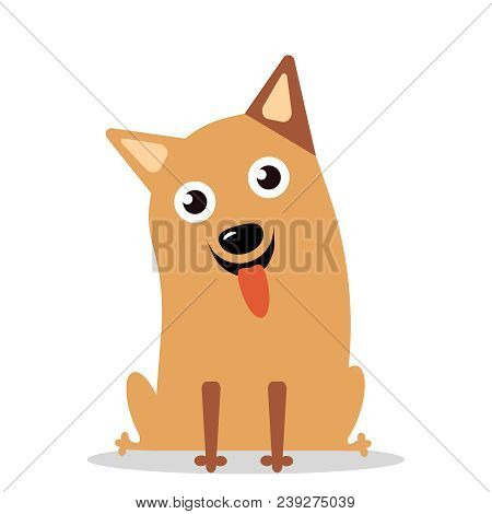 Happy, Curious Dog Mixed Breed, Isolated On A White Background. Cartoon Puppy Sitting, Portrait Of C
