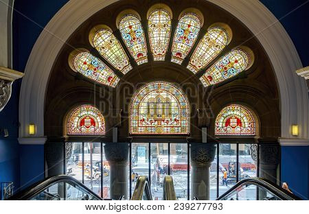 Sydney, Australia - Nov 14, 2017: Colorful Stained Glass Artwork At The Queen Victoria Building (qvb
