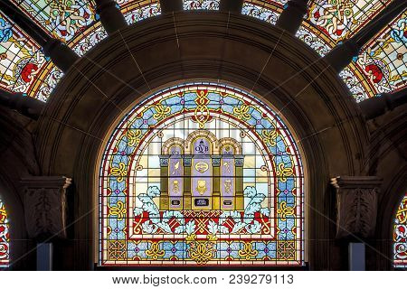 Sydney, Australia - Nov 14, 2017: Colorful Stained Glass Artwork At The Queen Victoria Building (qvb