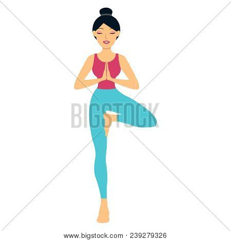 Sports Girl Is Smiling While Doing Yoga. Young Woman Doing Yoga Exercise Tree-pose. Young Woman Medi
